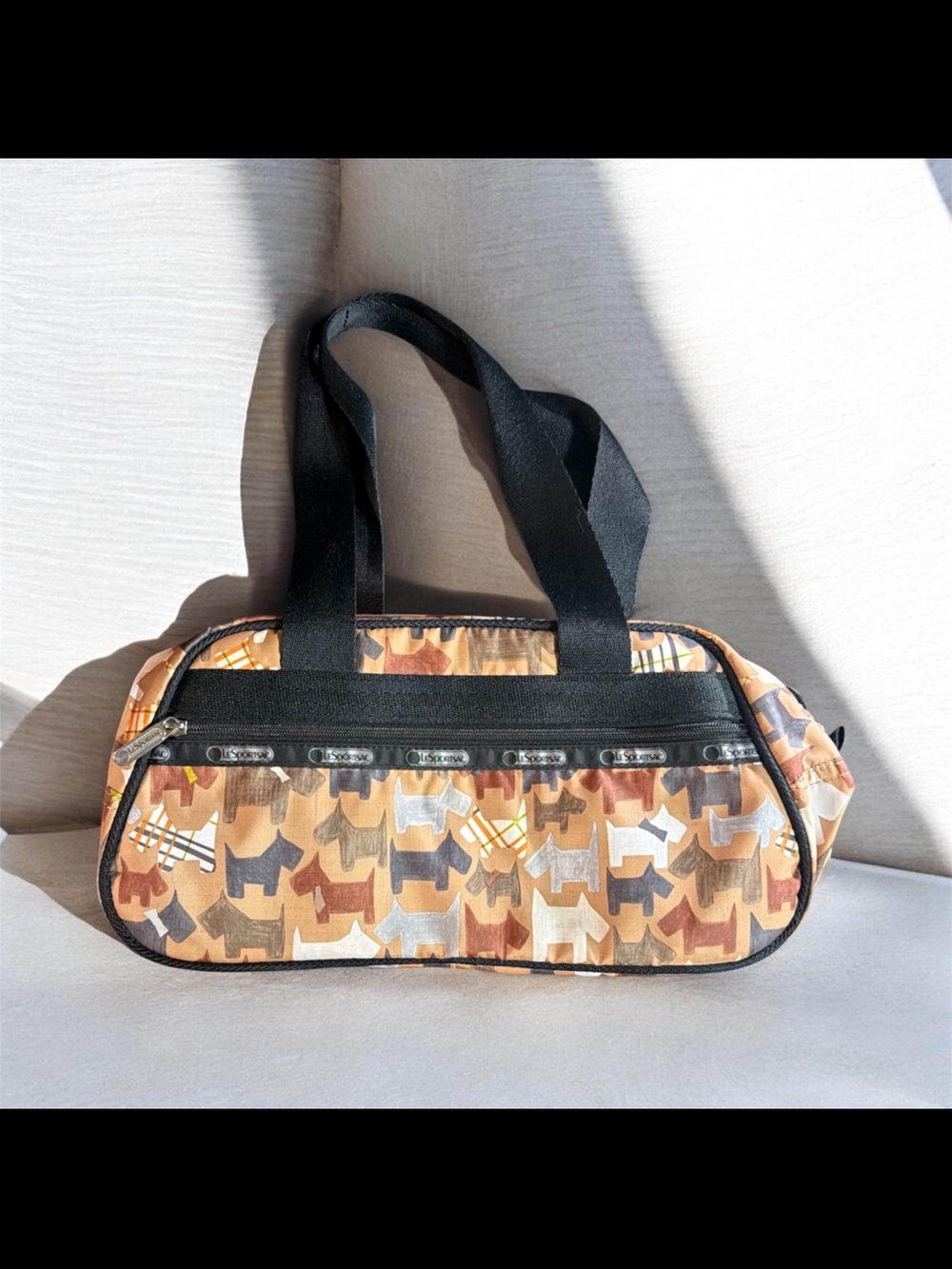 Lesportsac Tan & Black Scotty Dog Print Duffle